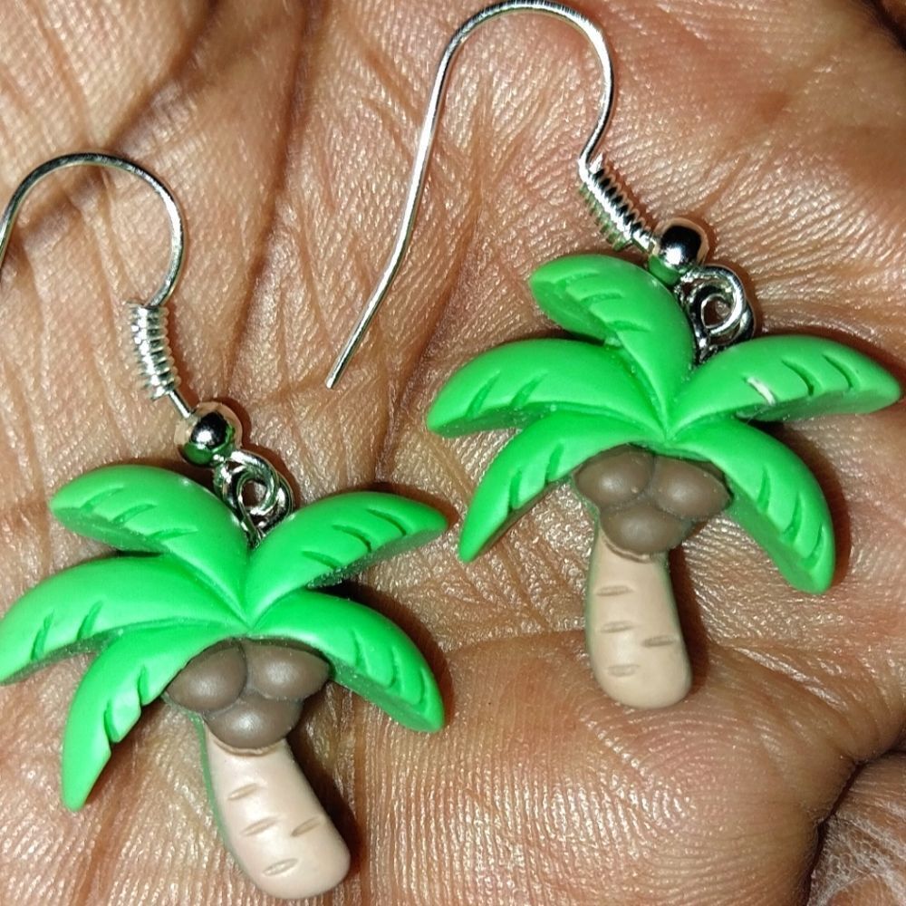 Green Palm Tree Super Cute, Colorful, Fun Earrings For Adults And Kids - Picture 3 of 6